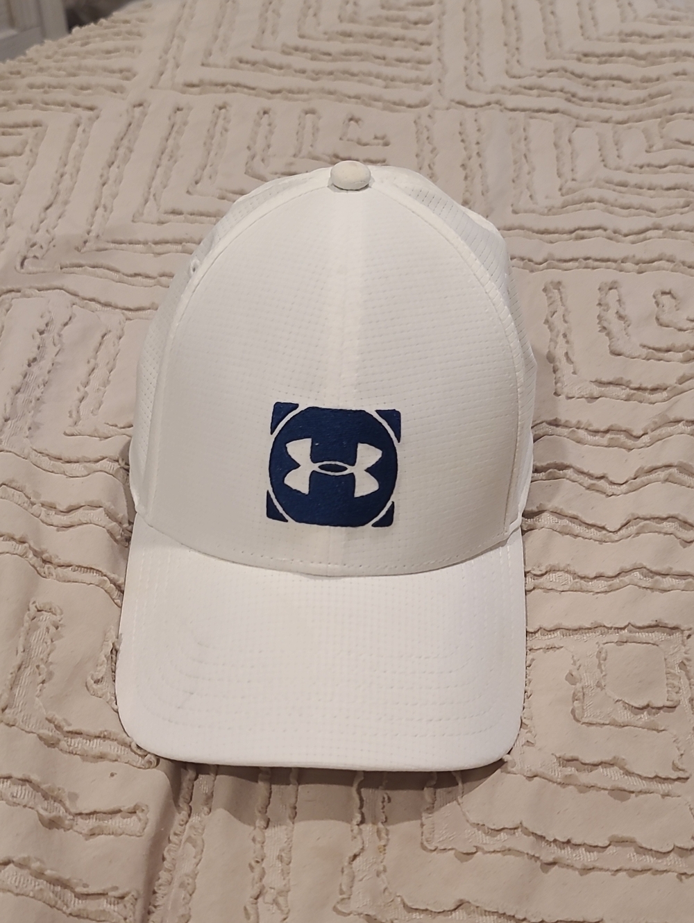 Under Armour White Cap with Navy Logo Square Patch